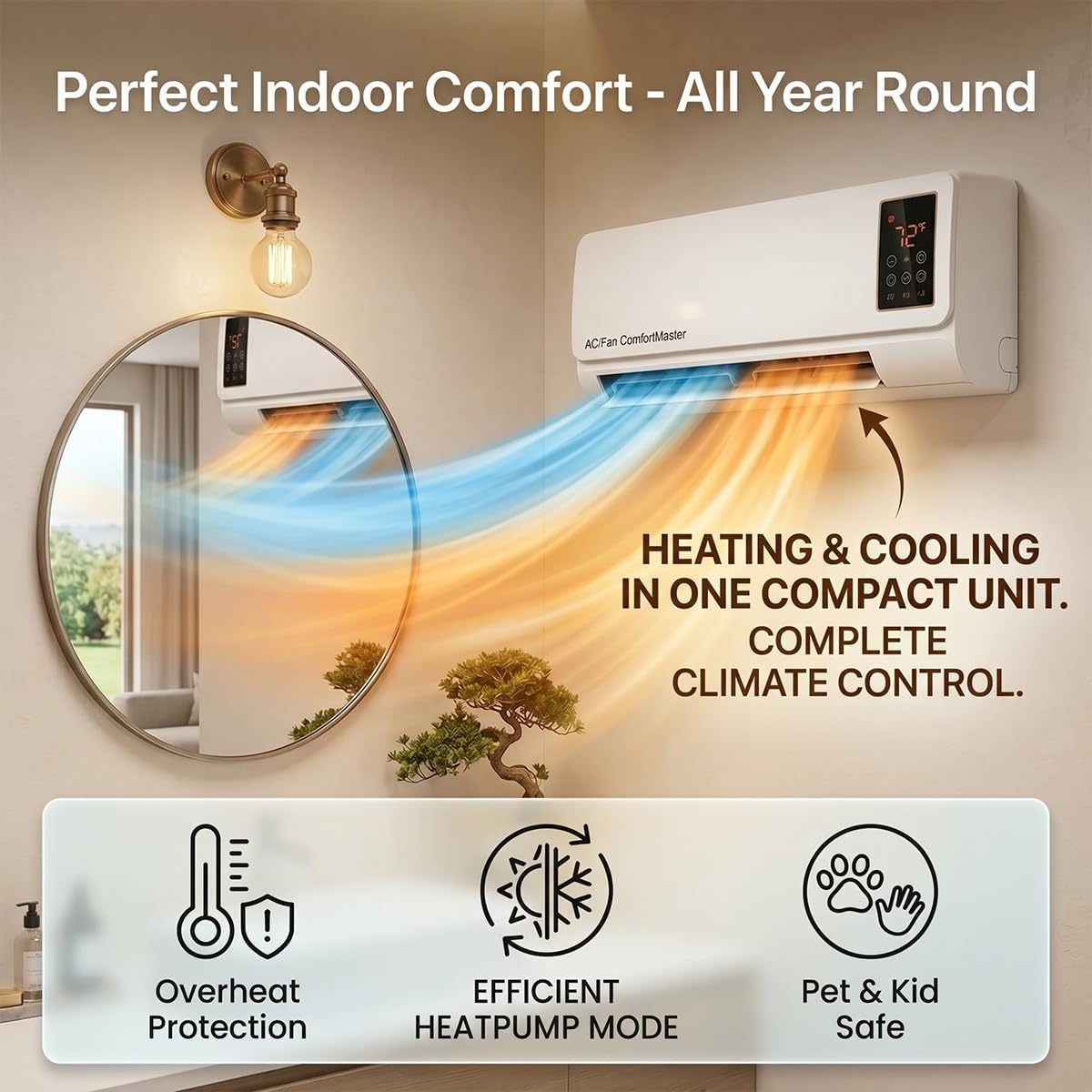 Smart Bathroom Fan - 1800W Wall Mounted Air Conditioner Fan