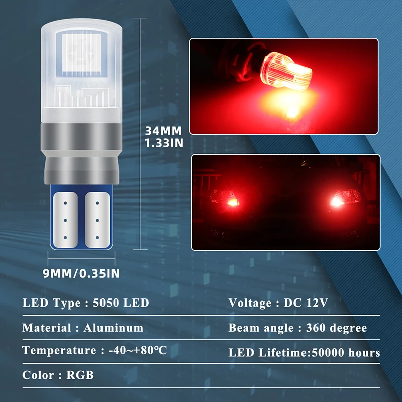 2Pcs/Set RGB LED T10 W5W Bulbs - Voice Control Light Bulb 评论和价格